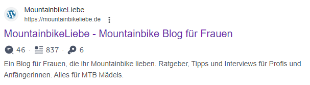 Mountainbikeliebe ohne Favicon in der Google Suche.