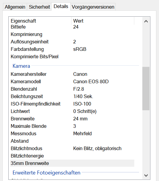 EXIF Daten eines Bildes