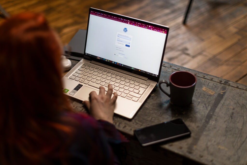 Lisa sitzt vor dem Computer und loggt sich in WordPress ein.