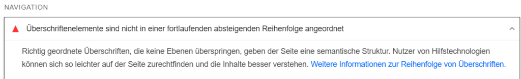 Pagespeedinsights Barrierefreiheit und Überschriftenstruktur