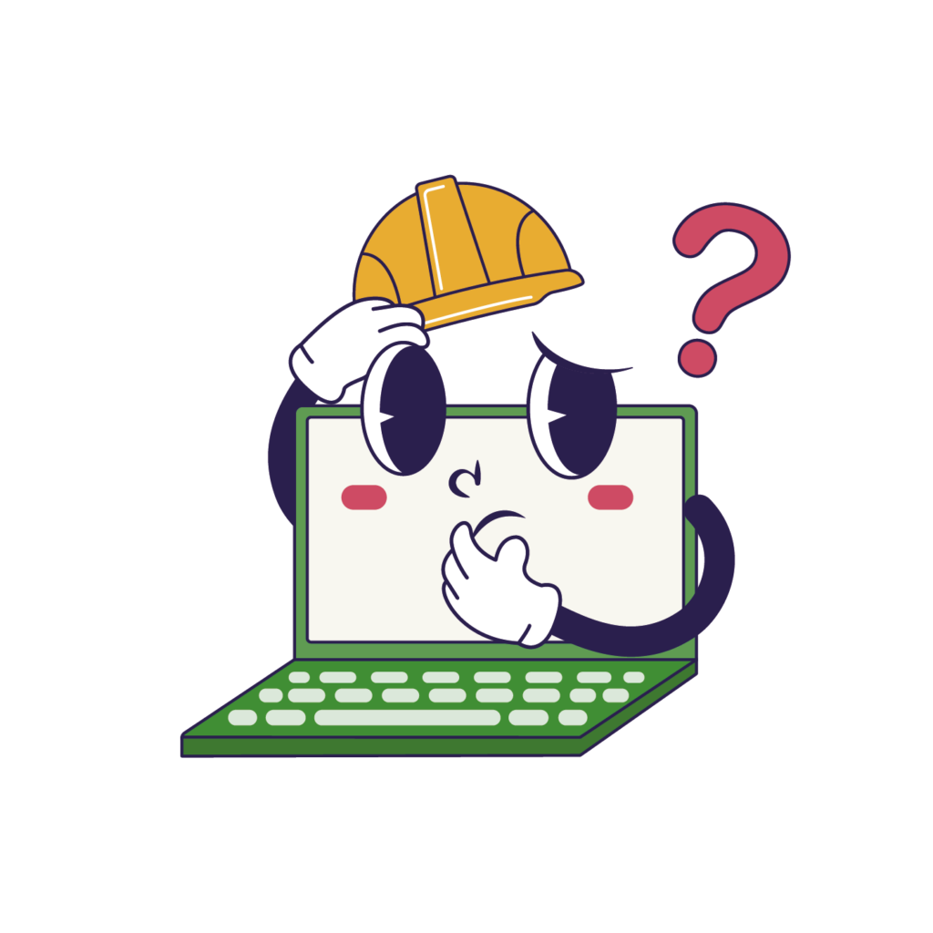 Nachdenkliches Laptop Maskottchen mit Bauhelm