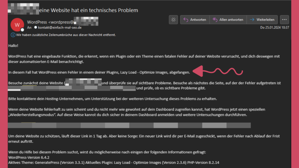 Screenshot einer E-Mail von WordPress, dass die Website einen technischen Fehler hat.
